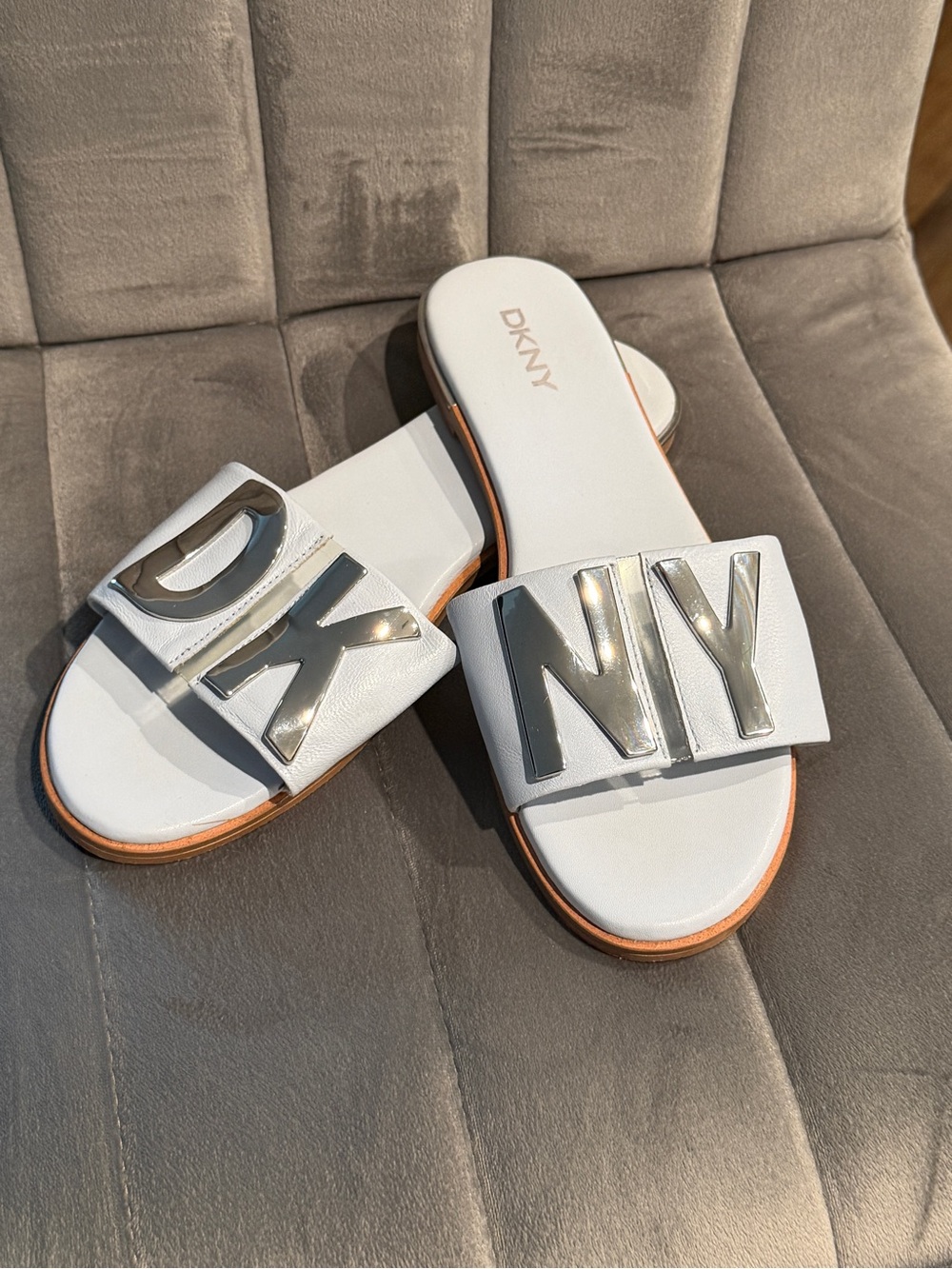 DKNY White Slide Sandals with Silver Logo Letters